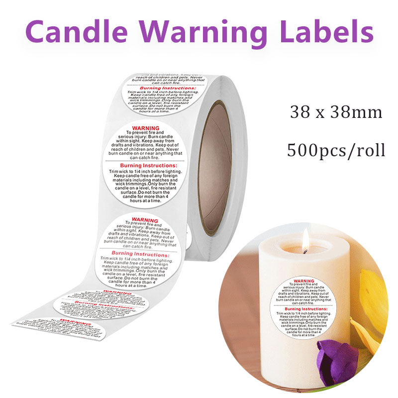 Candle Warning Label - 500/1000 Stück Kerzen-Warnetiketten, 3,8 cm, rund,